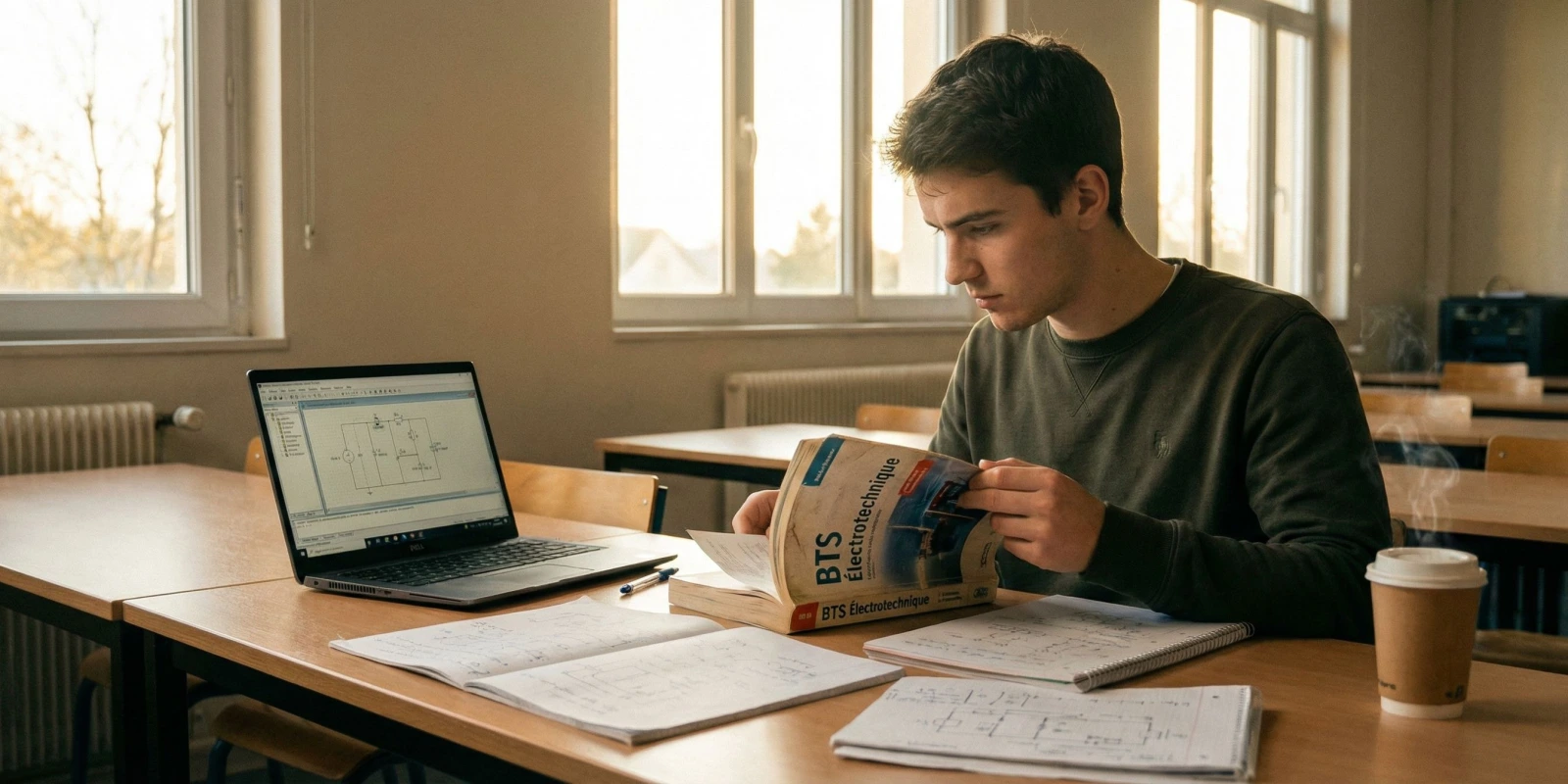 5 Conseils pour Réussir son Examen de BTS Électrotechnique 2026 Étudiant en BTS Électrotechnique révisant ses cours avec concentration et motivation pour l'examen 2026