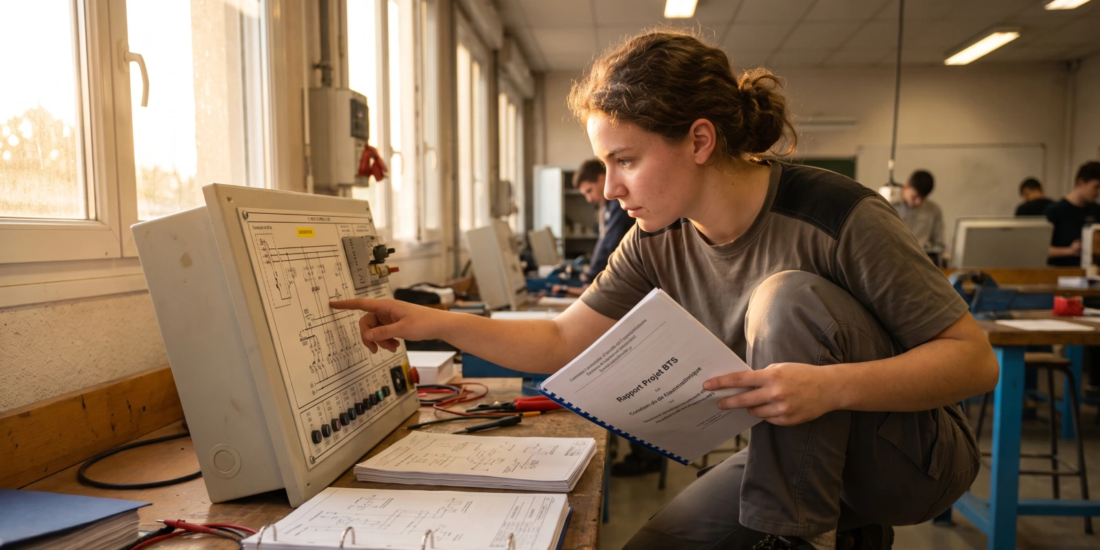 BTS Electrotechnique : conception et exemple du rapport projet Une étudiante pointe un schéma électrique sur un coffret en tenant son rapport de projet.