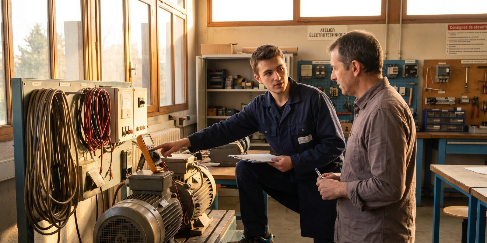BTS Électrotechnique : les métiers et débouchés Un étudiant en bleu de travail montre un multimètre sur un moteur électrique à un homme dans l'atelier.