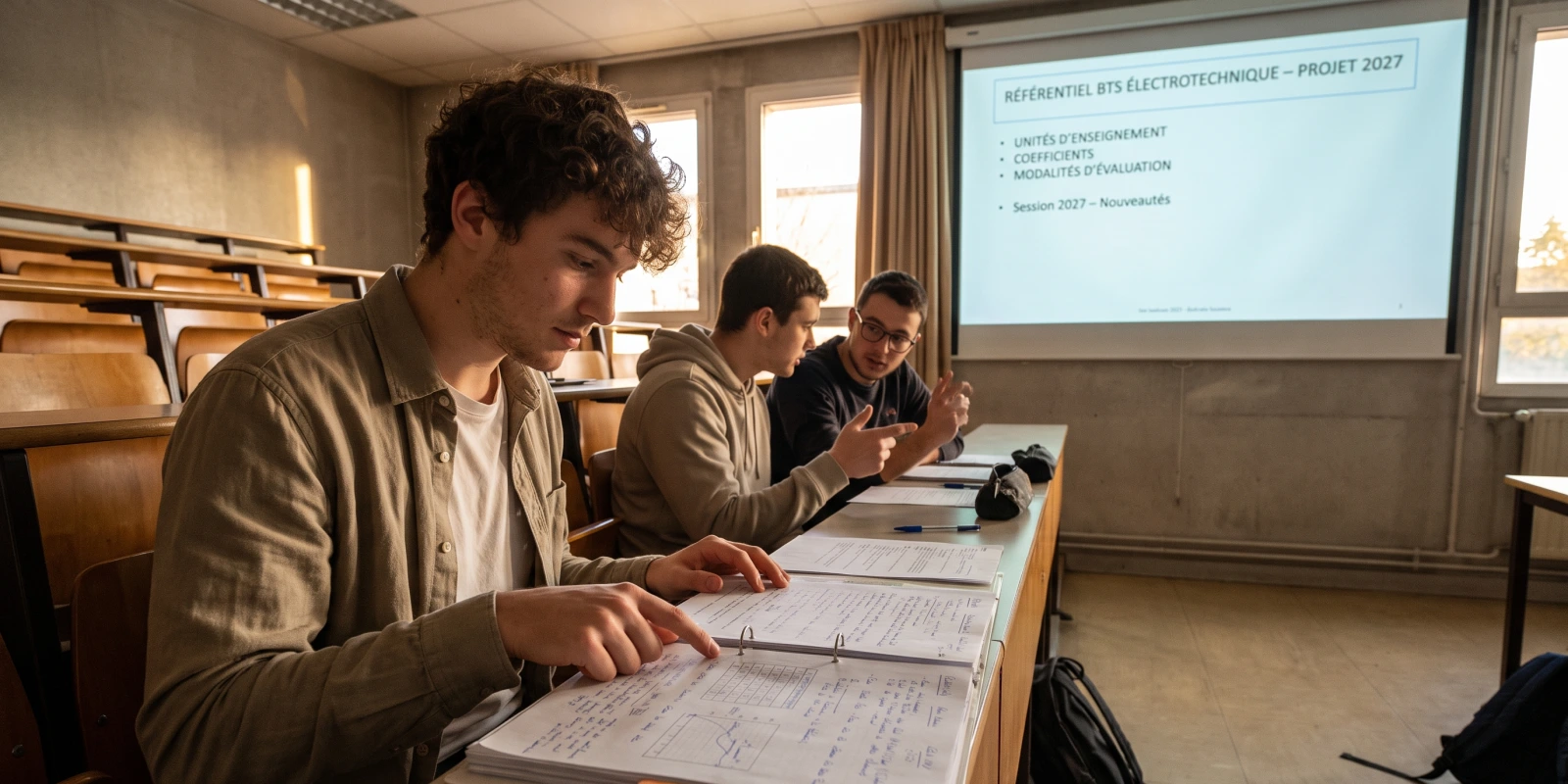 Réforme : le nouveau référentiel du BTS Électrotechnique Dans un amphithéâtre, des étudiants consultent leurs notes et discutent devant une diapositive sur le référentiel BTS 2027.